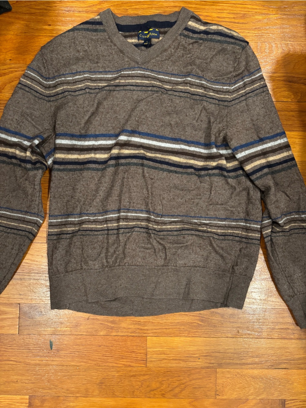 Club Room Brown Striped V‑Neck Sweater with Blue and Cream Accents